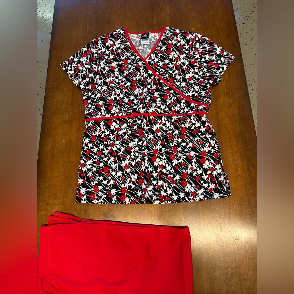 Cherokee Red and Black Floral Scrub Top
